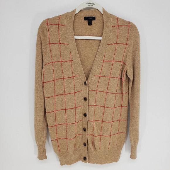 J. Crew Sweaters - J Crew Windowpane Plaid Cardigan Sweater Womens S Camel Tan Wool Cashmere V-Neck